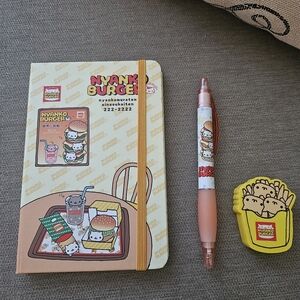 San-X NYANKO BURGER Notebook  Pen  Eraser Set